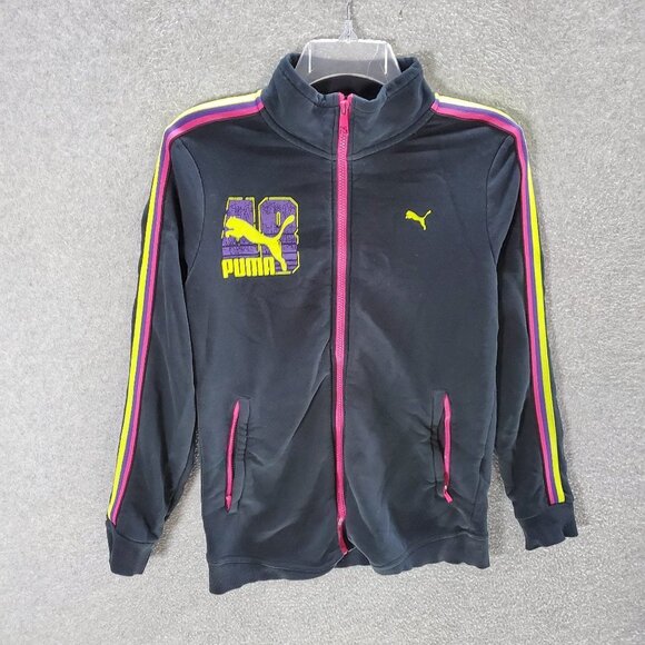 Puma Women Jacket Medium Black Yellow Pink Neon‎ Rudolf Dassler 40 Logo Full Zip - Picture 1 of 11